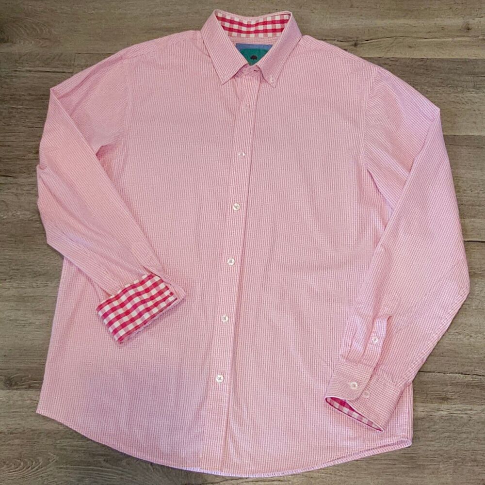 Park West Men’s L Button-Up Shirt Pink Micro Gingham  Contrast Gingham Trim